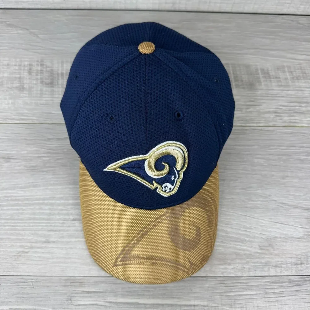 New Era 39Thirty Los Angeles Rams Cap Mens S-M Navy Blue Beige Mesh Fitted Hat